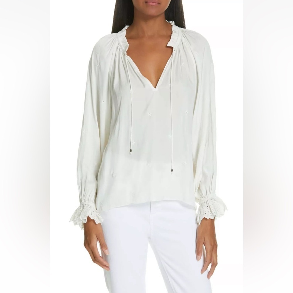 Ulla Johnson Irene Pearl White Drawstring Neck Blouse - Picture 1 of 12